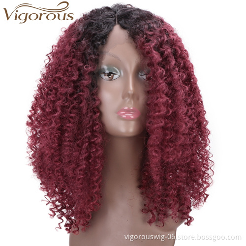 Vigorous Hair Ombre Wine Red Synthetic Lace Front Wig Short Kinky Curly Wigs for Black Women Daily Party Cosplay Wig 16 Inch